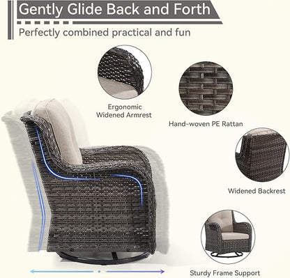 3 Pieces Outdoor Furniture Set - Patio Wicker Swivel Rocker Chair Set of 2 and 1 Side Table, Beige, Mixed Brown Rattan, Suitable for Porch, Yard