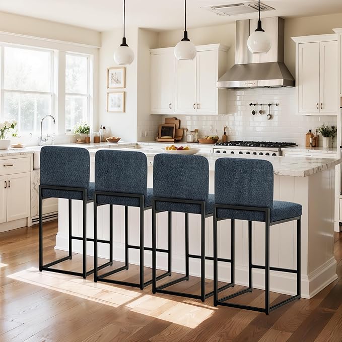 ALPHA HOME 24" Bar Stools Set of 4 Kitchen Counter Stools with Back, Counter Height Stools with Upholstered Footrest for Kitchen Island, Metal Steel Frame, Chenille, Blue