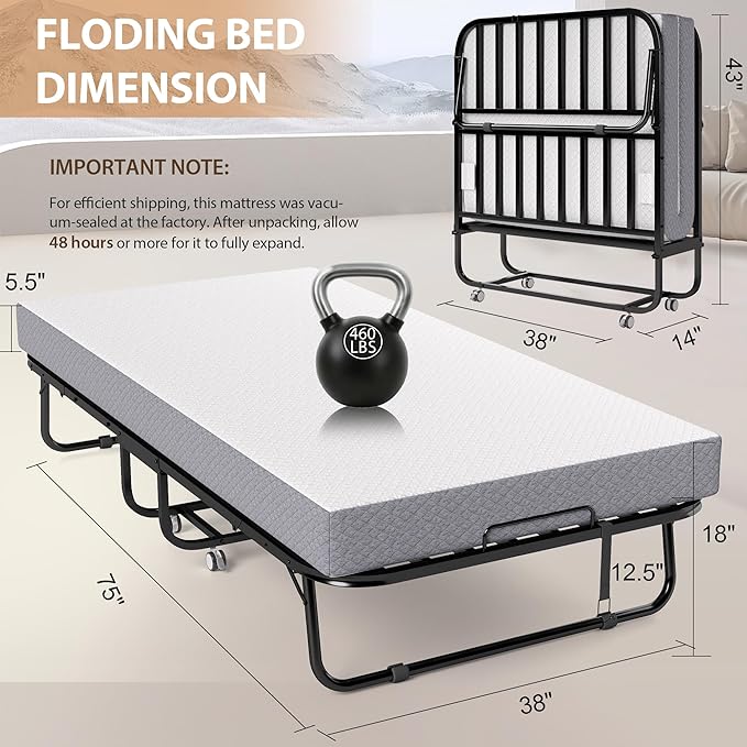 Folding Bed with Memory Foam Mattress, Portable Rollaway Guest Beds on Wheels, 75"x38" Twin Size Space-Saving Cot-Size Bed for Adults with Easy Assembly Metal Frame (White)