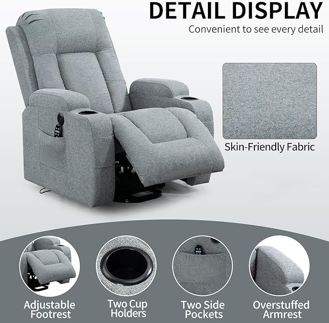 PELUMY Manual Lift Recliner Chair for Elderly with Massage & Heat, Oversized Heavy Duty 350 lbs Recliner with Cup Holders & USB Ports, Infinite Positioning Lift Chair for Adults (Linen Fabric, Grey)
