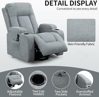 PELUMY Manual Lift Recliner Chair for Elderly with Massage & Heat, Oversized Heavy Duty 350 lbs Recliner with Cup Holders & USB Ports, Infinite Positioning Lift Chair for Adults (Linen Fabric, Grey)