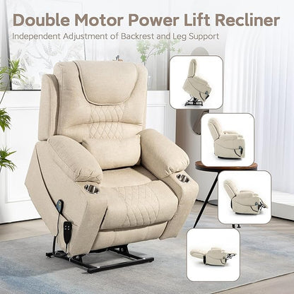 25''Oversized Recliner Chair/Lift Chair, Power Lift Recliner Chair for Elderly, Electric Recliner Chairs for Adults with Massage and Heat, Double Motor Lay Flat Recliner with Cup Holder, Side Pocket