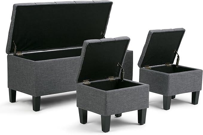 SIMPLIHOME Dover 44 inch Wide Contemporary Rectangle 3 Pc Storage Ottoman in Slate Grey Linen Look Fabric, Assembled, For the Living Room, Entryway and Family Room