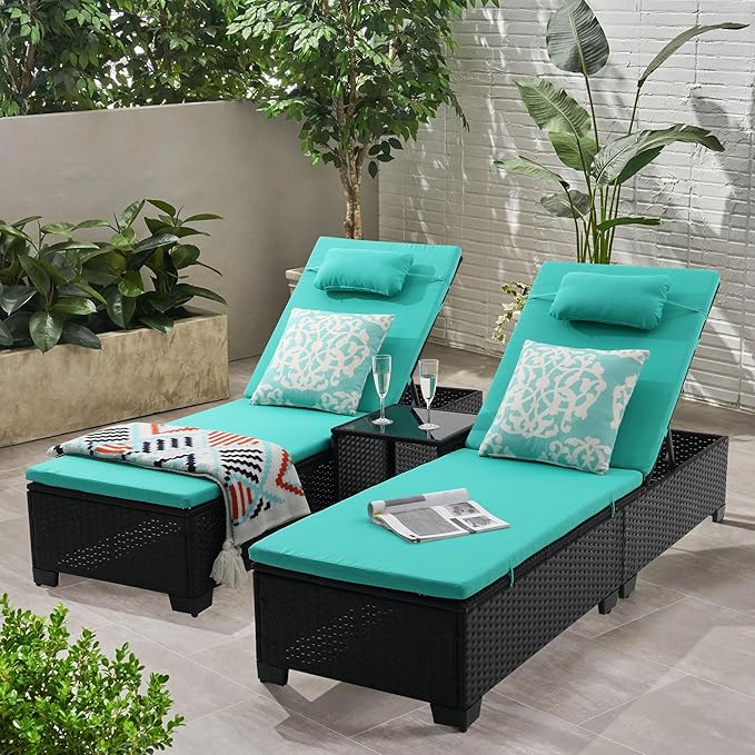 3 PCS Patio Chaise Lounge with Coffee Table Cushion&Pillow Outdoor Lounge Chair Chaise Lounger Patio Reclining Chair 5 Angle Adjustment Black PE Rattan for Courtyards Poolside Garden (Green)