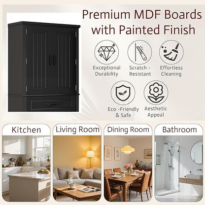 Tall Storage Cabinet, Bathroom Floor Freestanding Storage Cabinet with 2 Doors, Adjustable Shelf, and 2 Drawers for Bathroom, Office, Living Room, MDF Board, Black