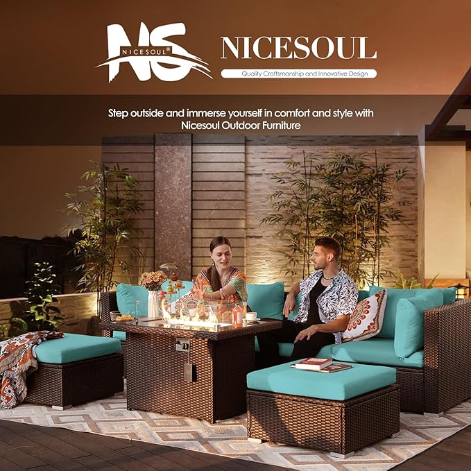 NICESOUL Large Outdoor Patio Furniture Set with Firepit Propane/Natural Gas, High-End Deep Seats Wicker Modular Sectional Sofas for 8, 29.3'' High Back Conversation Sets, Brown Rattan and Teal Cushion