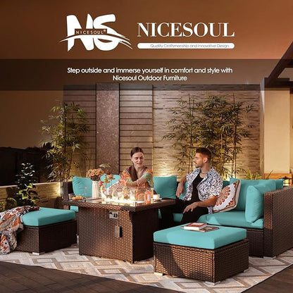 NICESOUL Large Outdoor Patio Furniture Set with Firepit Propane/Natural Gas, High-End Deep Seats Wicker Modular Sectional Sofas for 8, 29.3'' High Back Conversation Sets, Brown Rattan and Teal Cushion