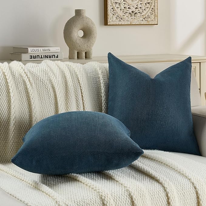 FUTEI Navy Blue Chenille Throw Pillow Covers 24x24 Inch Set of 2,Soft Wide Chevron Textured European Pillow Shams,Farmhouse Home Decor for Couch Bed Living Room