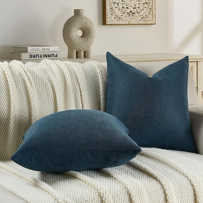FUTEI Navy Blue Chenille Throw Pillow Covers 24x24 Inch Set of 2,Soft Wide Chevron Textured European Pillow Shams,Farmhouse Home Decor for Couch Bed Living Room