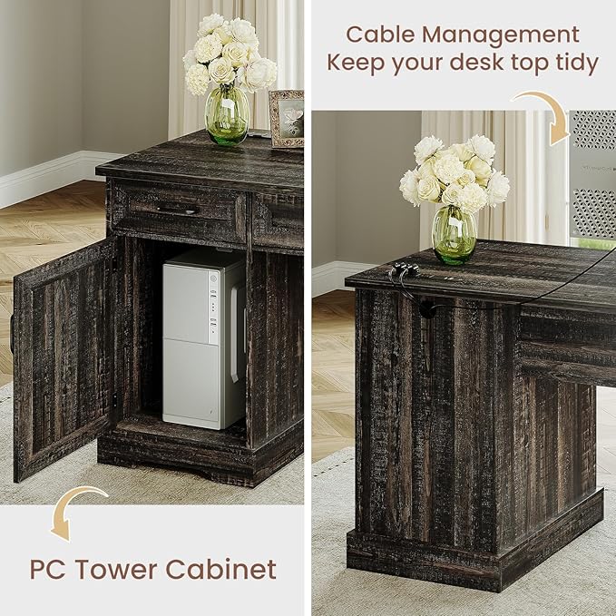 Casaottima 59 Inch Wood Farmhouse Office Desk with Drawers, Executive Computer Desk with File Cabinet & Charging Station for Home Office, Oak