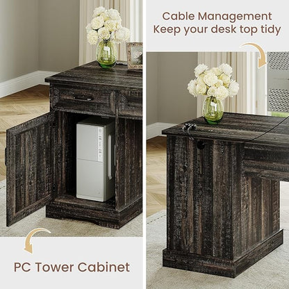 Casaottima 59 Inch Wood Farmhouse Office Desk with Drawers, Executive Computer Desk with File Cabinet & Charging Station for Home Office, Oak
