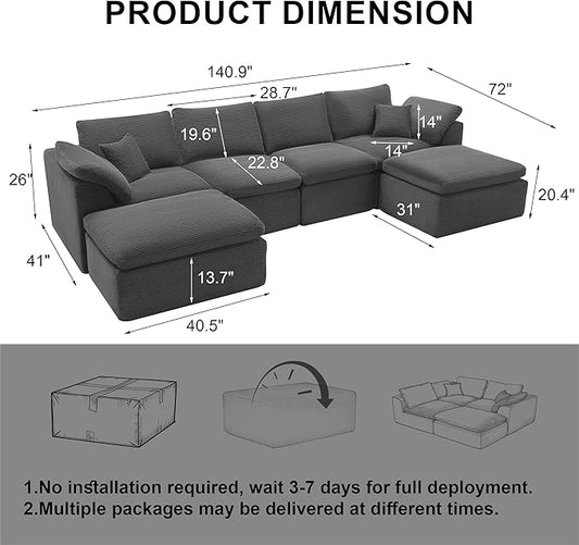 143" Cloud Sectional Couch, Boneless couches for Living Room，U Shaped Couch with Convertible Ottoman, Modular Sectional Sofa with Deep Seat, Comfy Soft Cushions, No Assembly, Gray