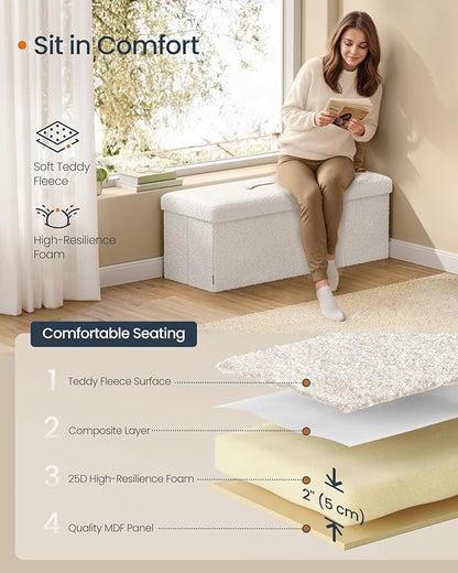 SONGMICS Storage Ottoman Bench, Storage Chest, 15 x 43 x 15 Inches, Foot Rest Stool, End of Bed Bench, Load up to 660 lb, for Living Room, Bedroom, Entryway, Cream White ULSF097W01