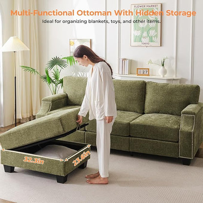 85'' L Shaped Couch with Armrest Organizer,3 Seats Sofas with Storage Ottoman,Comfy Sectional Sofa with Thick Cushion,Chenille Sectional Couches for Living Room,Bedroom,Apartment,Green