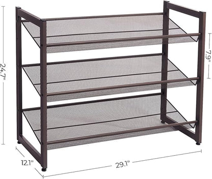 SONGMICS Shoe Rack, 3-Tier Shoe Organizer, Metal Shoe Storage for Garage, Stackable Shoe Shelf, with Adjustable Flat or Angled Shelves, 9-12 Pairs, Bronze ULMR03A