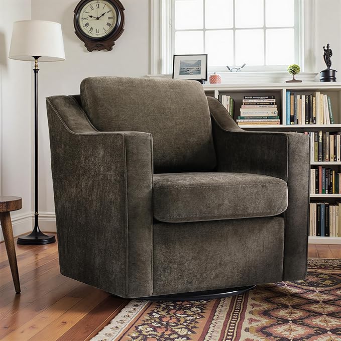 Pia Ricco 2-Pack Plush Oversized Chenille Fabric Swivel Accent Chairs with Removable Covers, Living Room Reception Bundle Set,Night Brown Black