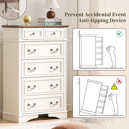 Dresser for Bedroom, 6 Drawers 48" Tall Dresser for Storage and Organization, White Farmhouse Chest of Drawers for Living Room, Closet, Hallway