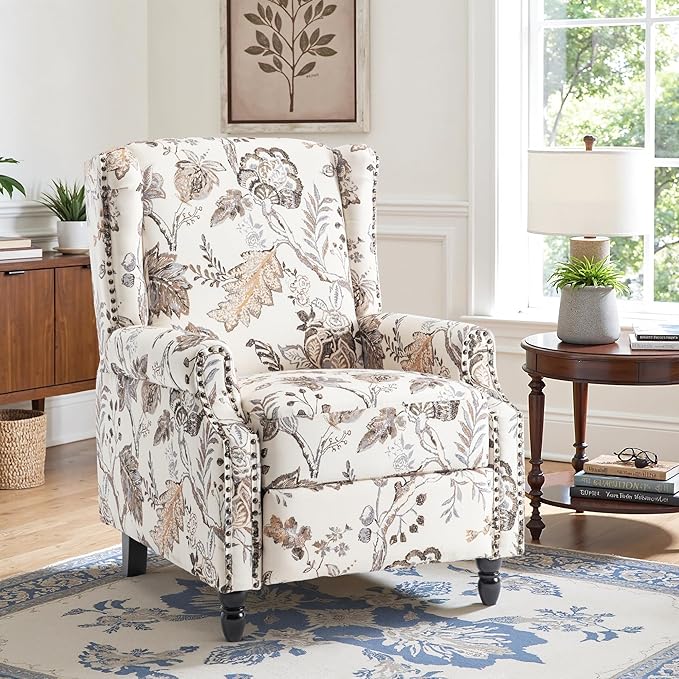 Recliner Chair, Upholstered Wingback Floral Pushback Armchair with Adjustable Backrest & Footrest, Comfy Accent Chair for Small Spaces, Living Room, Bedroom-Plants Beige, Set of 1