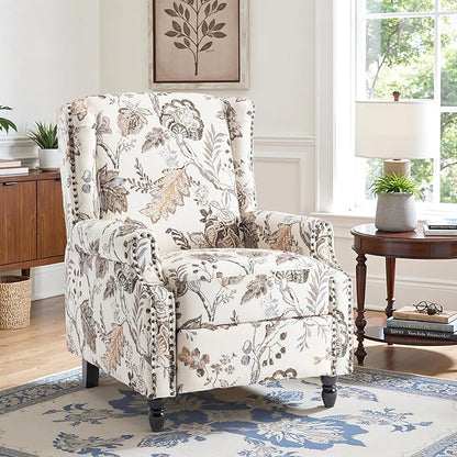 Recliner Chair, Upholstered Wingback Floral Pushback Armchair with Adjustable Backrest & Footrest, Comfy Accent Chair for Small Spaces, Living Room, Bedroom-Plants Beige, Set of 1
