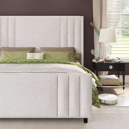 AMERLIFE Queen Size Bed Frame, Velvet Upholstered Platform Bed with Vertical Channel Tufted Headboard & Footboard/Wingback, Mattress Foundation with Wood Slats, No Box Spring Needed, Cream