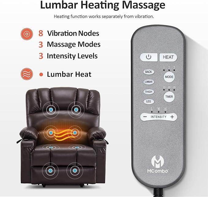 MCombo Oversized Power Lift Recliner Chair for Elderly, Lift Chair with Heat and Massage, Lift Recliner for Big and Tall, Cup Holders, USB &Type C Ports, Faux Leather R7092 (Dark Brown, Oversize)