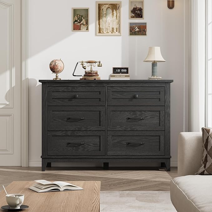GarveeHome 6 Dresser for Bedroom, 47 in Wide Drawer Dresser with Storage Freestanding, Wooden Closet Storage Chest for Living Room, Bedroom, Entryway, Black