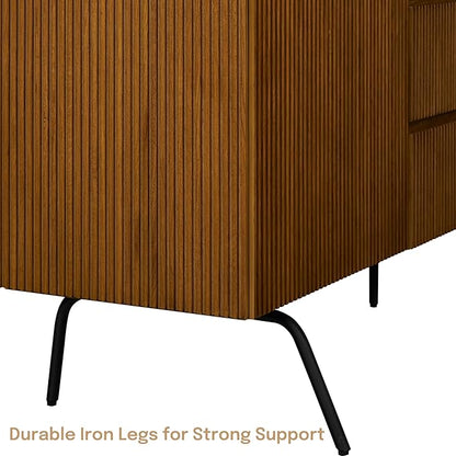 NTC Veil Large Sideboard with 2 Doors and 3 Drawers, Buffet Cabinet with Vertical Groove Design and Metal Legs, Storage Cabinet for Living Room, and Entryway, Effortless Assembly - Rustic Oak