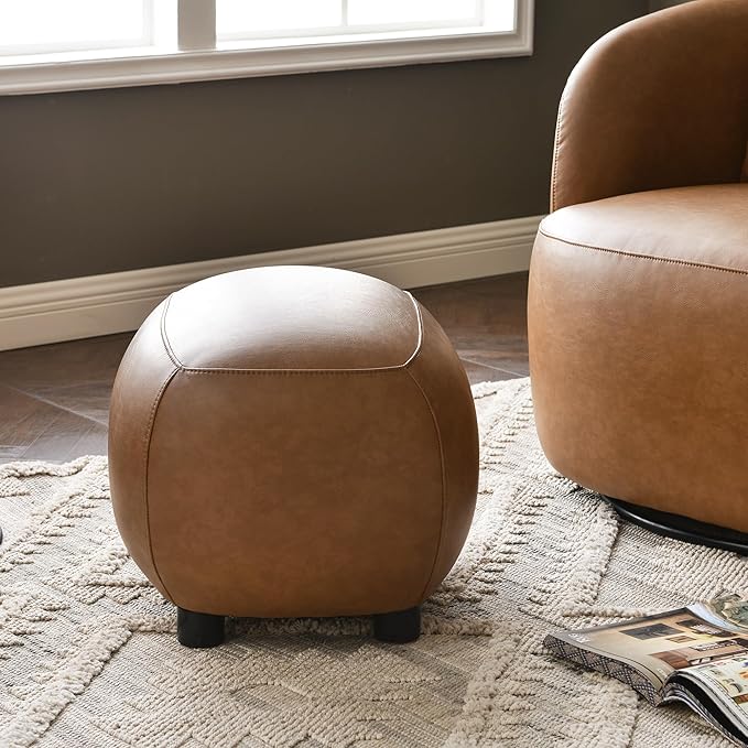 KINWELL 23" Wide Faux Leather Upholstered Ottoman, Mid-Century Modern Living Room Footrest with Soft Padded Seat, Footstool for Bedroom, Entryway or Living Room, Camel
