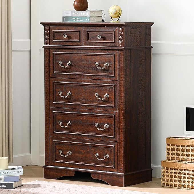 Dresser for Bedroom, 6 Drawers 48" Tall Dresser for Storage and Organization, Dark Brown Farmhouse Chest of Drawers for Living Room, Closet, Hallway