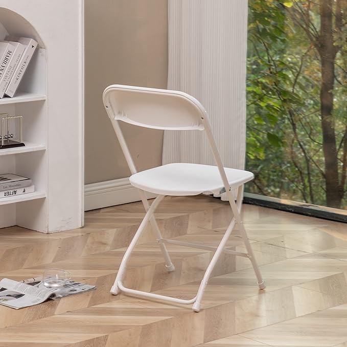 BTEXPERT Set of 6, Indoor Outdoor White Plastic Folding Chairs Stacking Steel Frame Commercial 650LB Weight Capacity Seating Home Yard Garden Wedding Event Party Picnic Dining Church School Portable