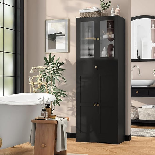 Space-Saving 67 Inch Bathroom Linen Cabinet,Freestanding Tall Storage Tower with Adjustable Shelves & Glass Doors for Bathroom, Kitchen, Hallway Organization (Black)