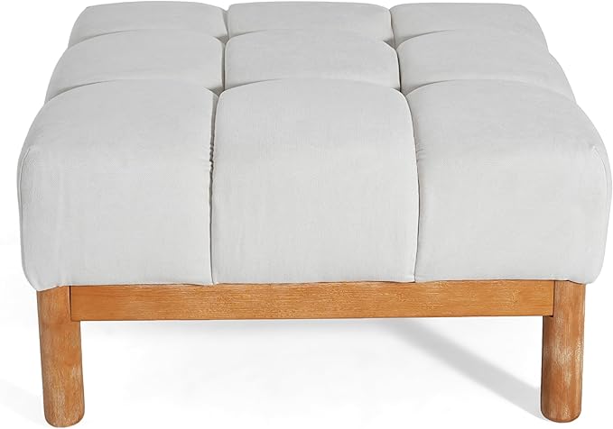 Christopher Knight Home Annette Square Ottoman Footstool with Grid Tufting, Living Room Sofa Ottoman with Wood Frame, Fabric Upholstery Coffee Table, Comfy Seating with Dense Foam Padding, White