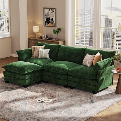 KKL 91.3" Modular Sectional Sofa, L-Shaped 4 Seater Cloud Couch with Ottoman, Chenille Modern Sectional Couches for Living Room, Apartment, Green