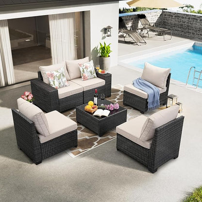 6 Pieces Patio Furniture Set All-Weather Outdoor Wicker Sectional Conversation Sofa Rattan Patio Seating Sofa with Cushion and Glass Table for Porch Poolside,Beige