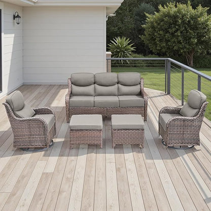 Rilyson Wicker Outdoor Patio Furniture Set - 5 Piece Patio Conversation Sets with Swivel Rocker Chairs, Ottomans and Sofa, 6 inch Cushions, Waterproof Wicker, for Porch Deck Brown/Beige