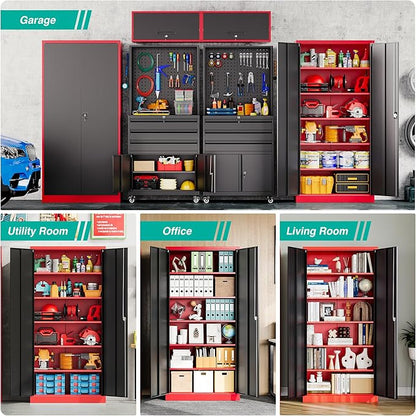SISESOL Wide & Deep Metal Storage Cabinet with Lock & 5 Adjustable Shelves,72" Red Black Garage Storage Cabinet with Locking Doors,Lockable Cabinets for Home,Office,Shop,Garage,Basement 72x36x18