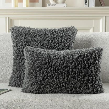 FUTEI Dark Grey Decorative Throw Pillow Covers 18x18 Inch Set of 2,Soft Fluffy Faux Wool Fur Boucle Textured Cushion Case,Modern Home Decor for Couch Bed Living Room Office