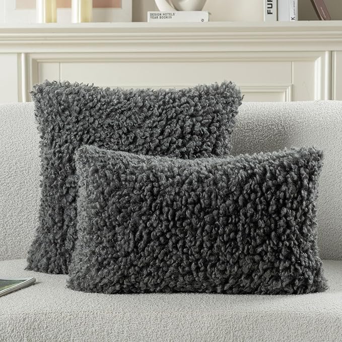 FUTEI Dark Grey Decorative Throw Pillow Covers 12x20 Inch Set of 2,Soft Fluffy Faux Wool Fur Boucle Textured Lumbar Pillow Case,Modern Home Decor for Couch Bed Living Room Office
