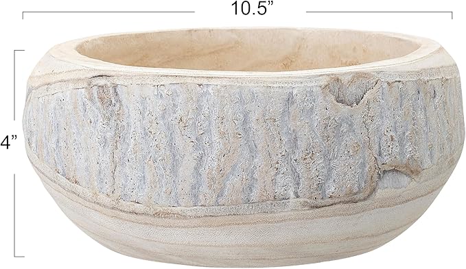 Bloomingville Decorative Hand-Carved Paulownia Wood Bowl, Whitewashed, 10.5 in Diameter, 4.25 in Tall