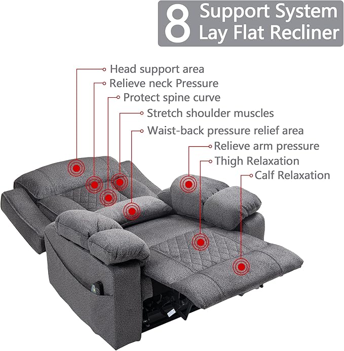 Big Man Power Lay Flat Lift Chair Oversized Recliner Dual Motor Heat Vibration for Elderly, Overstuffed Electric 28" Extra Wide Recliners with Flip Arm Storage Cup Holders,USB Type C Charging