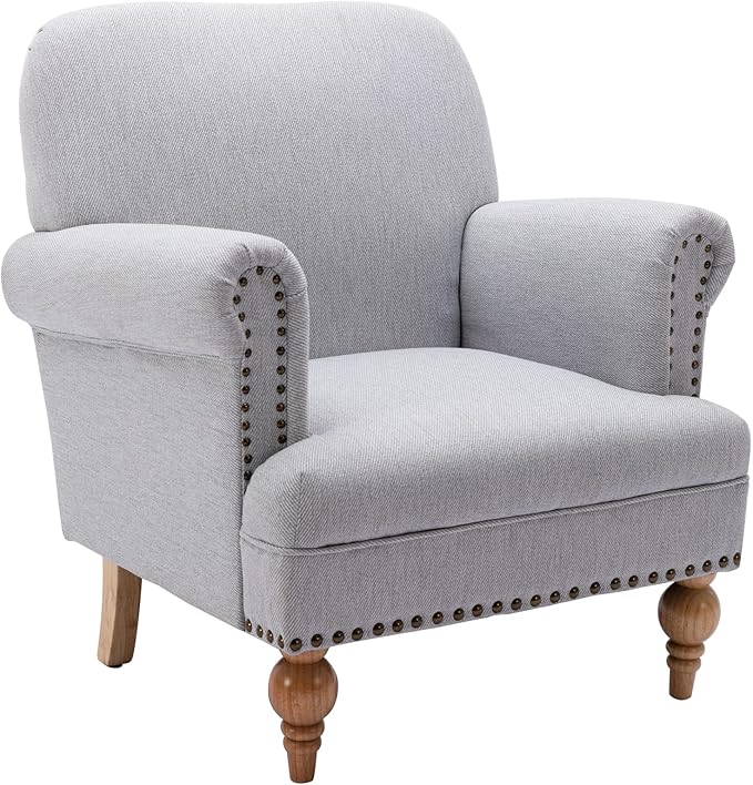 Linen Accent Chair Mid-Century Modern Living Room Armchair with Nailhead Trim & Wood Legs Comfy Upholstered Single Sofa Chair for Lounge/Bedroom/Reception, Grey