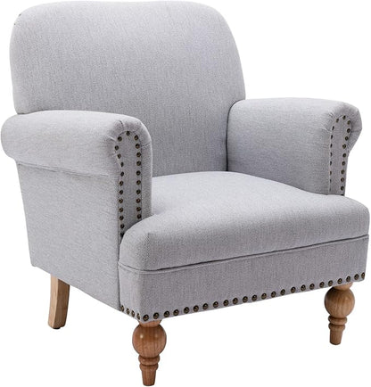 Linen Accent Chair Mid-Century Modern Living Room Armchair with Nailhead Trim & Wood Legs Comfy Upholstered Single Sofa Chair for Lounge/Bedroom/Reception, Grey