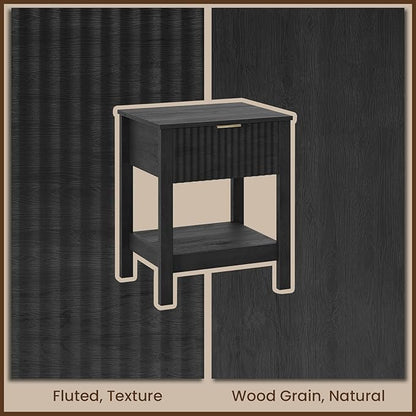 Fluted Night Stand with Golden Handle,Mid-Century Nightstands with Drawer,Modern Bedside Table with Storage Shelf,Large End Tables for Livingroom,Bed Side Tables for Bedroom,Black Wood Grain