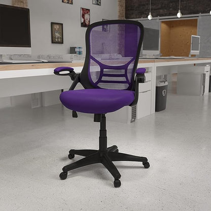 Flash Furniture Porter High-Back Swivel Office Chair with Adjustable Lumbar Support and Seat Height, Ergonomic Mesh Desk Chair with Flip-Up Armrests, Purple/Black