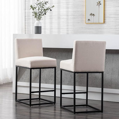 27" Height Cream Fabric Bar Stools Set of 2 Counter Height Stools with Back and Footrest for Kitchen Modern Metal Barstools, Linen Upholstered Farmhouse Bar Chairs Island Stool