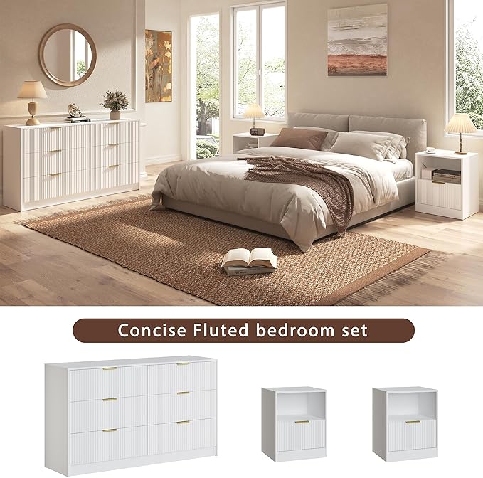 3-Piece Modern Bedroom Furniture Set, Wide 6-Drawer Dresser & 1-Drawer Nightstands Set of 2, Natural Wood Dresser and Nightstand Sets for Bedroom, Hallway, White