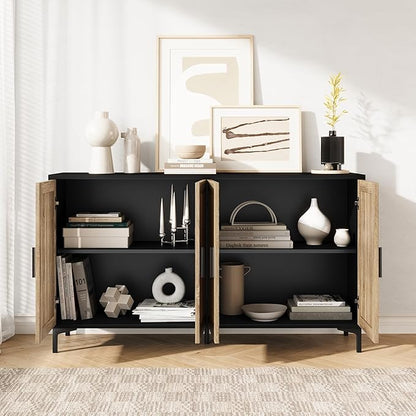 JASIWAY Sideboard - Buffet Cabinet with Storage, Rattan Kitchen Buffet Cabinet Accent Sideboard Cabinets with Doors, Coffee Bar Cabinets Rattan Sideboards for Living Room, Entryway, Black