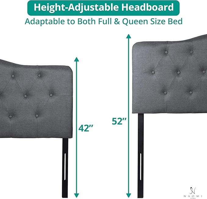 Naomi Home Cassandra Queen Tufted Headboard, Upholstered in Durable Linen Fabric – Premium Foam Cushioning, Adjustable Height, Floating Wall or Bed Frame Mount, Compatible with Adjustable Beds