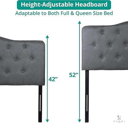 Naomi Home Cassandra Queen Tufted Headboard, Upholstered in Durable Linen Fabric – Premium Foam Cushioning, Adjustable Height, Floating Wall or Bed Frame Mount, Compatible with Adjustable Beds