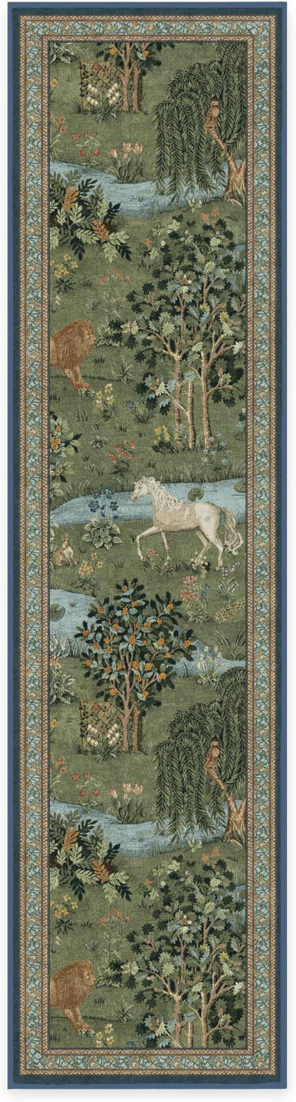 RUGGABLE x Morris & Co Washable Runner Rug – Owl & Willow Green 2.5x10, Stain-Resistant, Non-Slip Hallway Runner – Machine Washable Rug for Hallway, Entryway, Living Room & Kitchen–with Standard Pad
